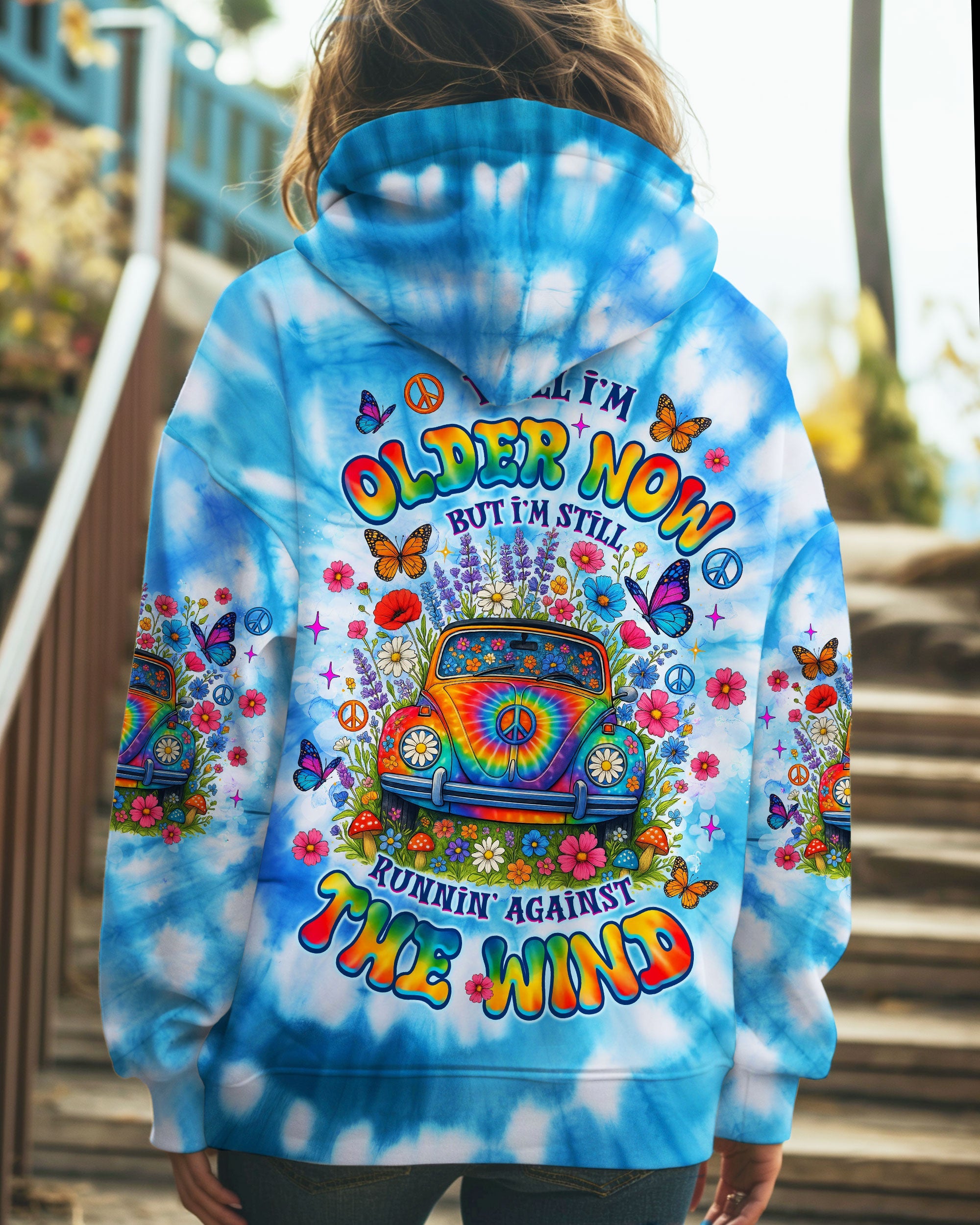 Older Now Running Against the Wind Tie Dye VW Peace Colorful Flower Power Design AOP Shirts _5_ z9DPV