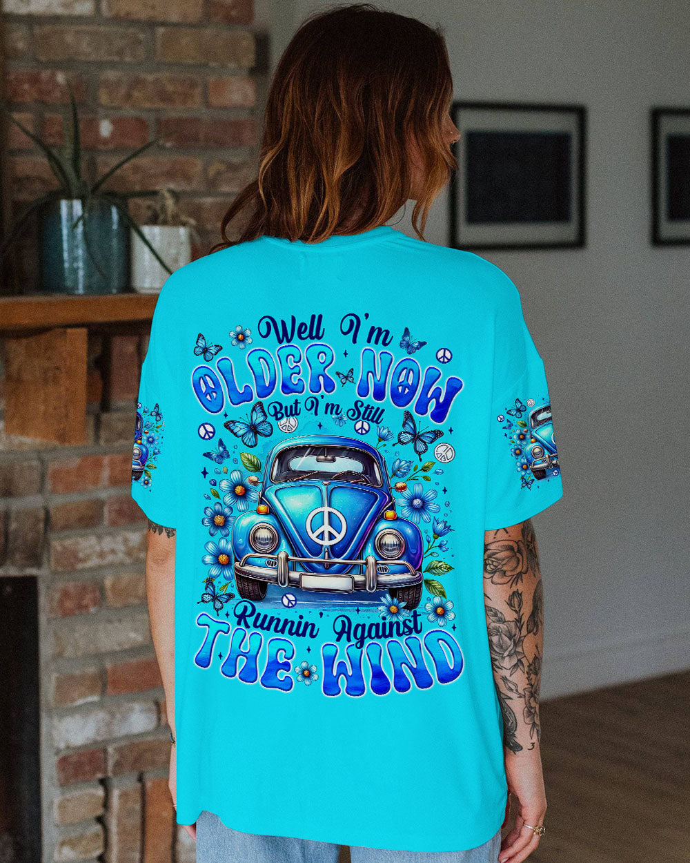 Older Now Still Runnin Against the Wind Blue VW Bug Car Graphic AOP Shirts _1_ i4d8R