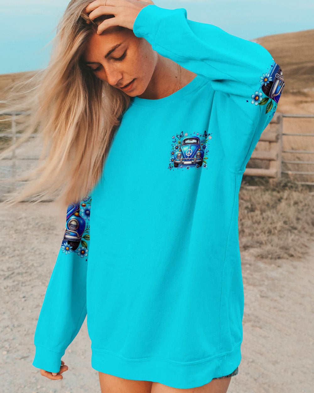 Older Now Still Runnin Against the Wind Blue VW Bug Car Graphic AOP Shirts _8_ XoaMy