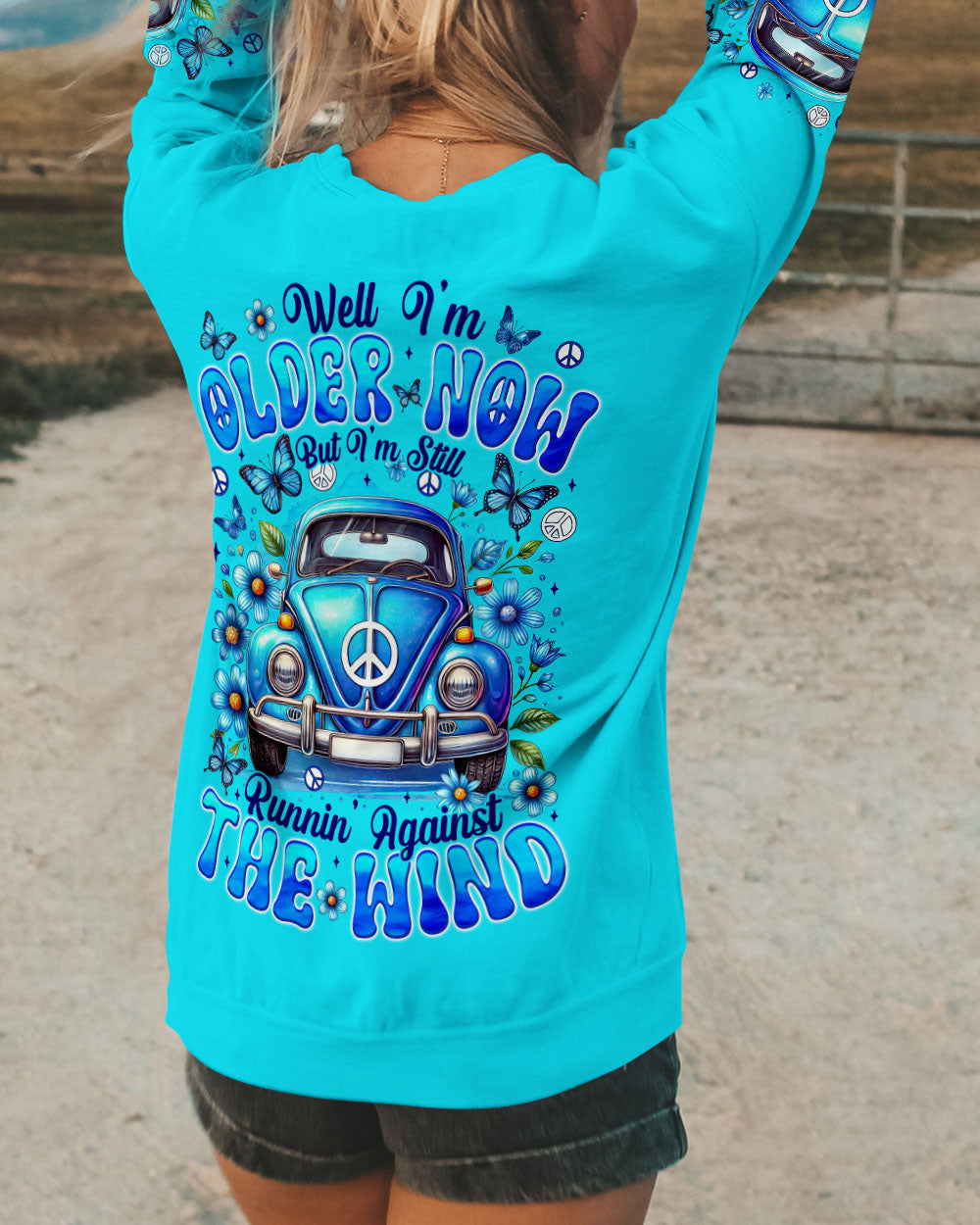 Older Now Still Runnin Against the Wind Blue VW Bug Car Graphic AOP Shirts _9_ TFcW9