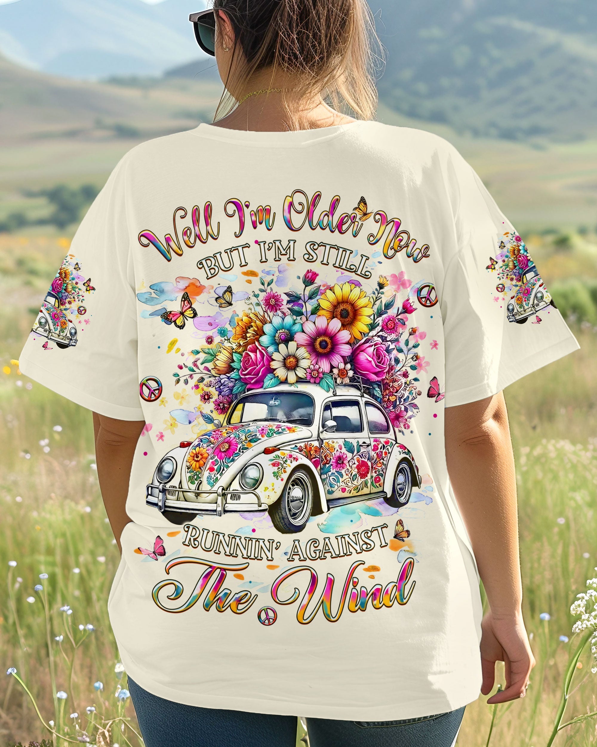 Older Now Still Runnin Against the Wind Floral Hippie Car Graphic for Women AOP Shirts _4_ HYx9s