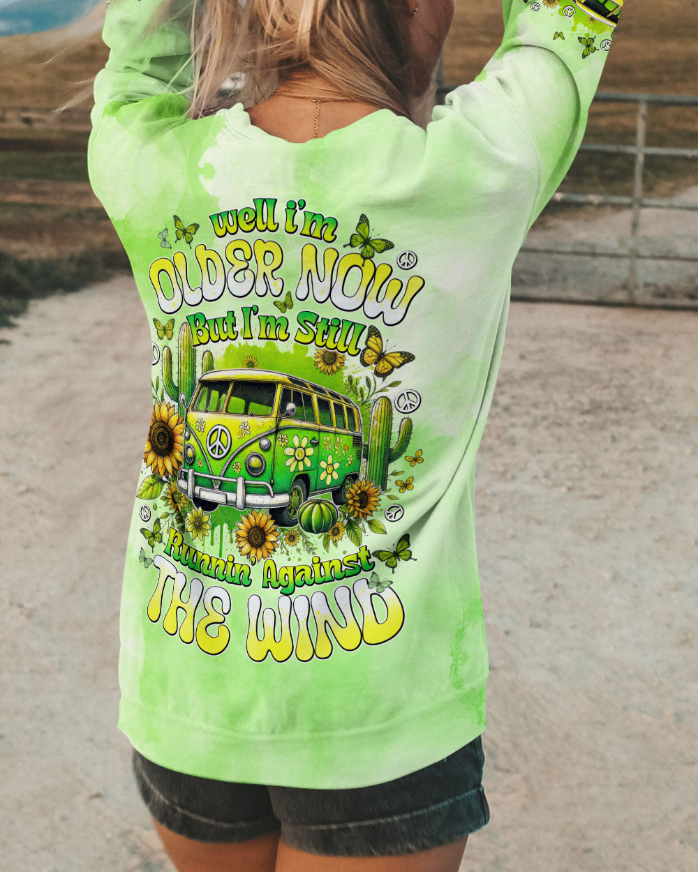 Older Now Still Runnin Against the Wind Green Retro Peace Van AOP Shirts _9_ s6Wfp