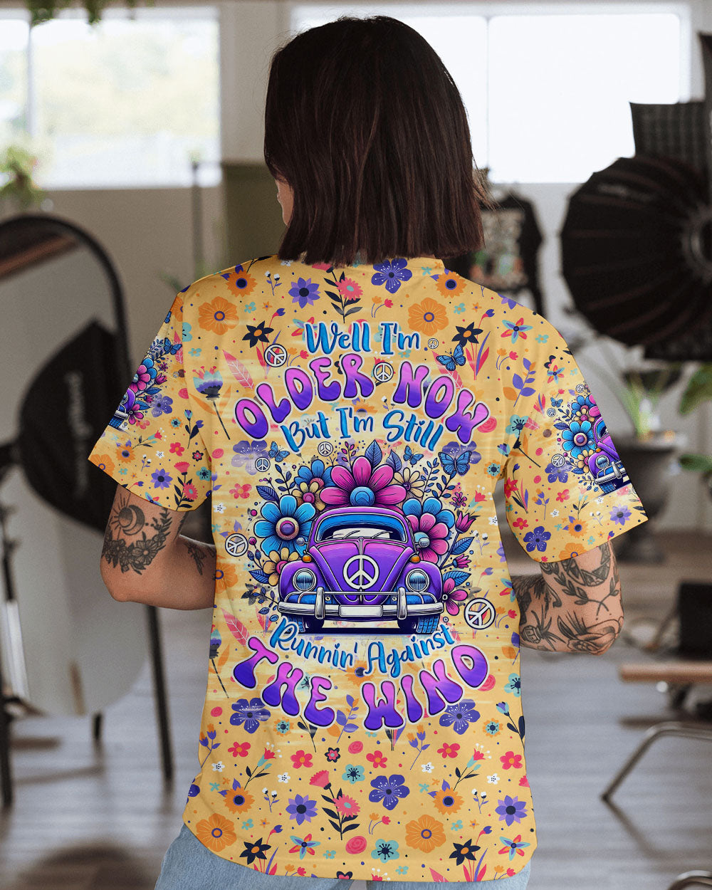 Older Now Still Runnin Against the Wind Hippie VW Flower Colorful Graphic AOP Shirts _1_ kfKuG