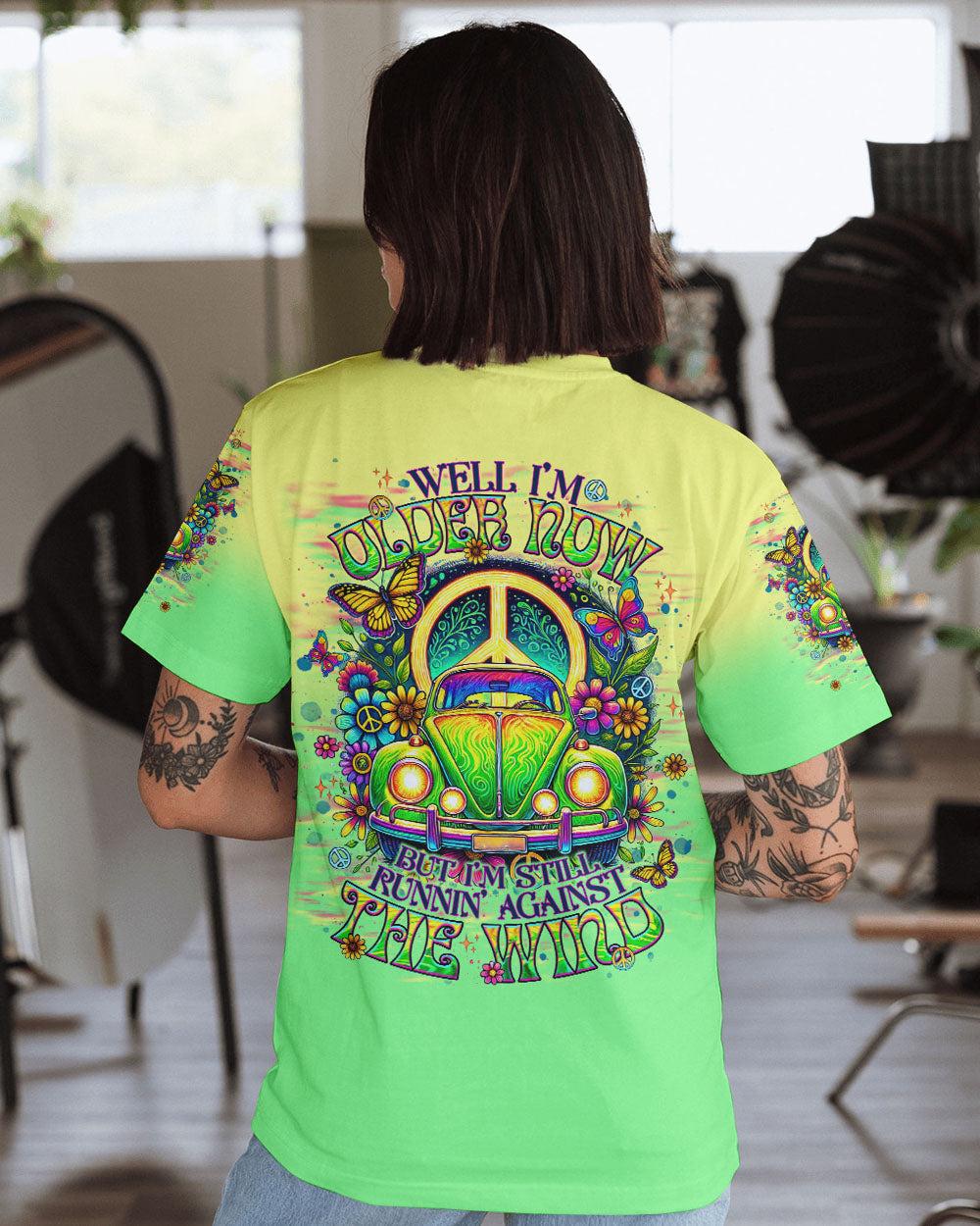 Older Now Still Runnin Against the Wind Tie Dye Green Hippie VW AOP Shirts _1_ Z2WnK