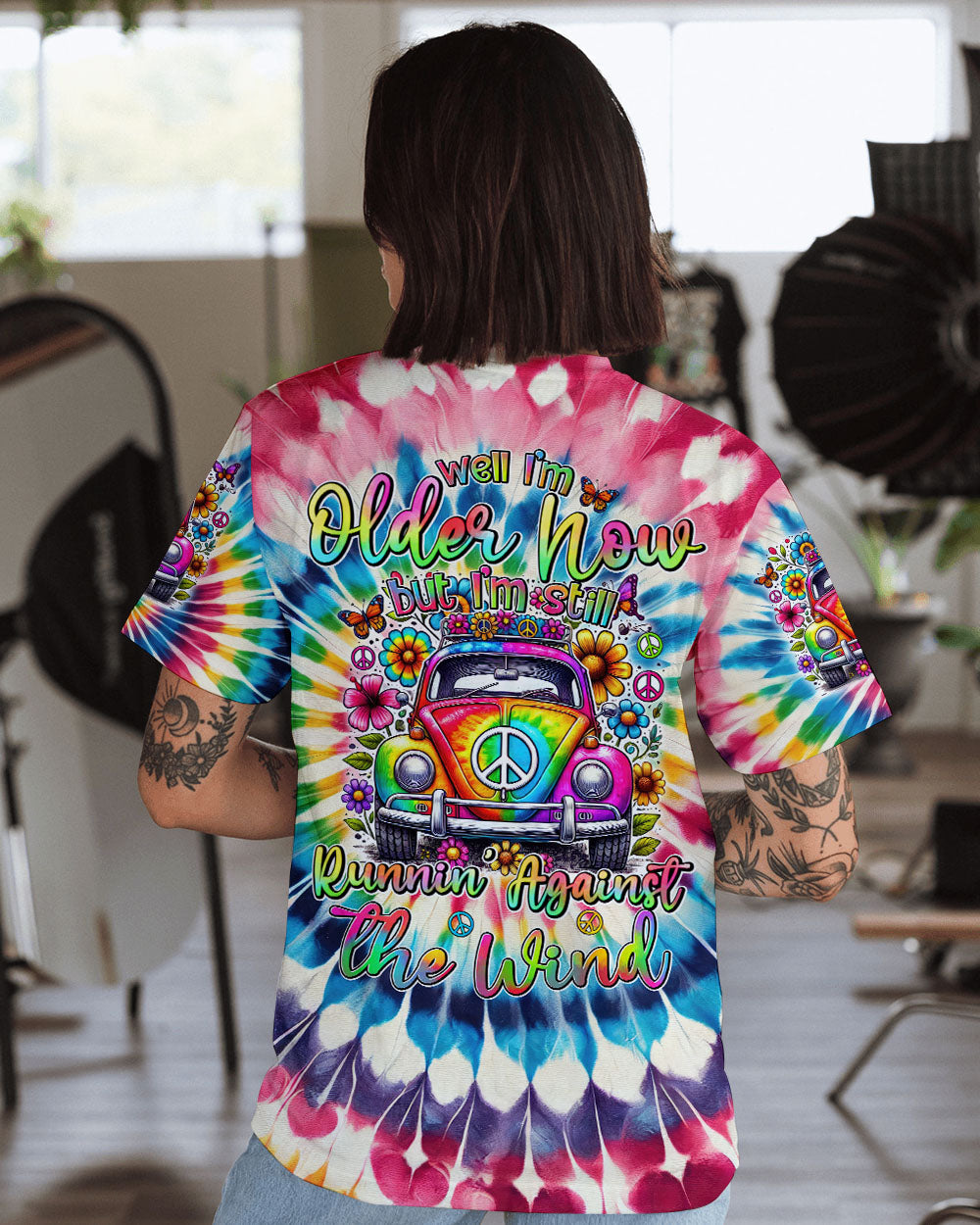 Older Now Still Runnin Against the Wind Tie Dye Hippie VW AOP Shirts _1_ ET5ws