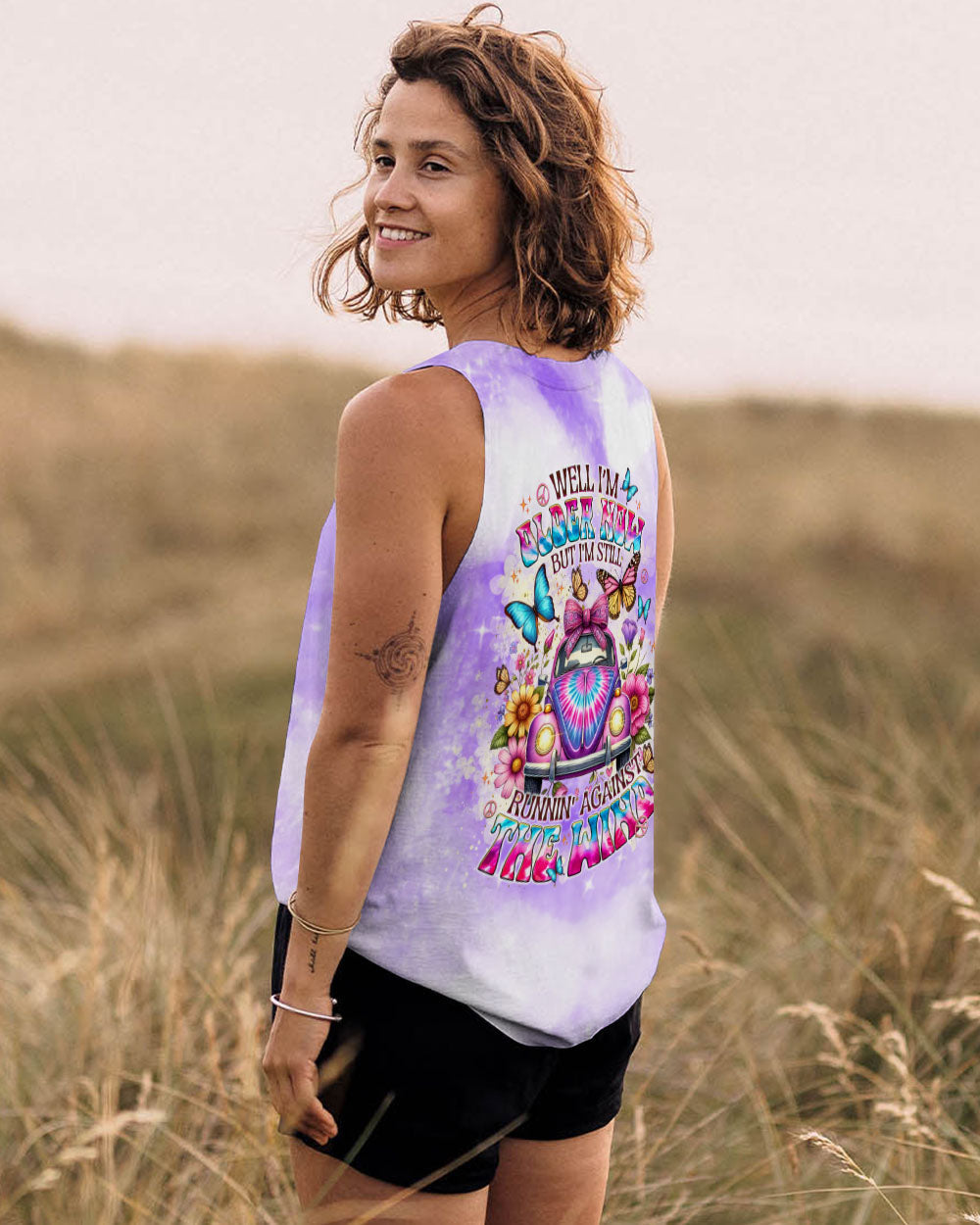 Older Now Still Runnin_E2_80_99 Against the Wind Purple Tie Dye Floral Hippie Car AOP Shirts _13_ J4swZ