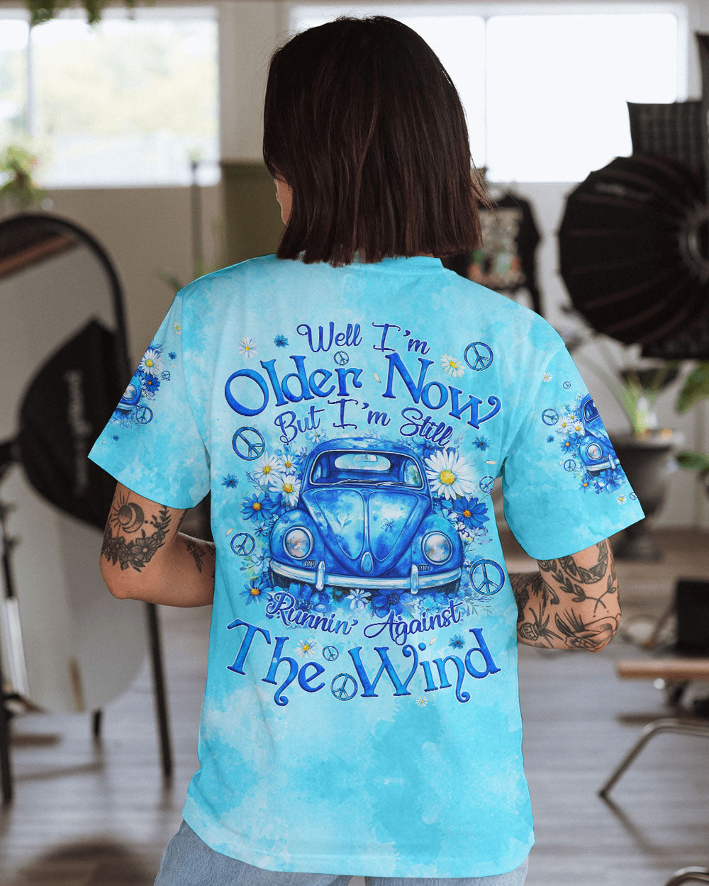 Older Now Still Running Against the Wind Blue VW Bug and Daisy Retro Hippie AOP Shirts _10_ jSBUK