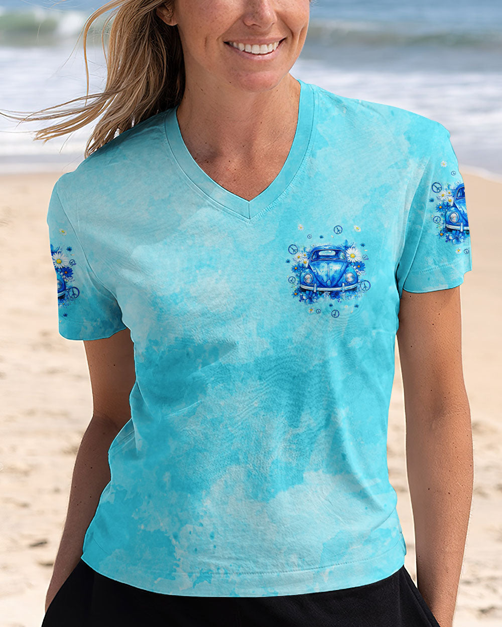 Older Now Still Running Against the Wind Blue VW Bug and Daisy Retro Hippie AOP Shirts _11_ zmInB