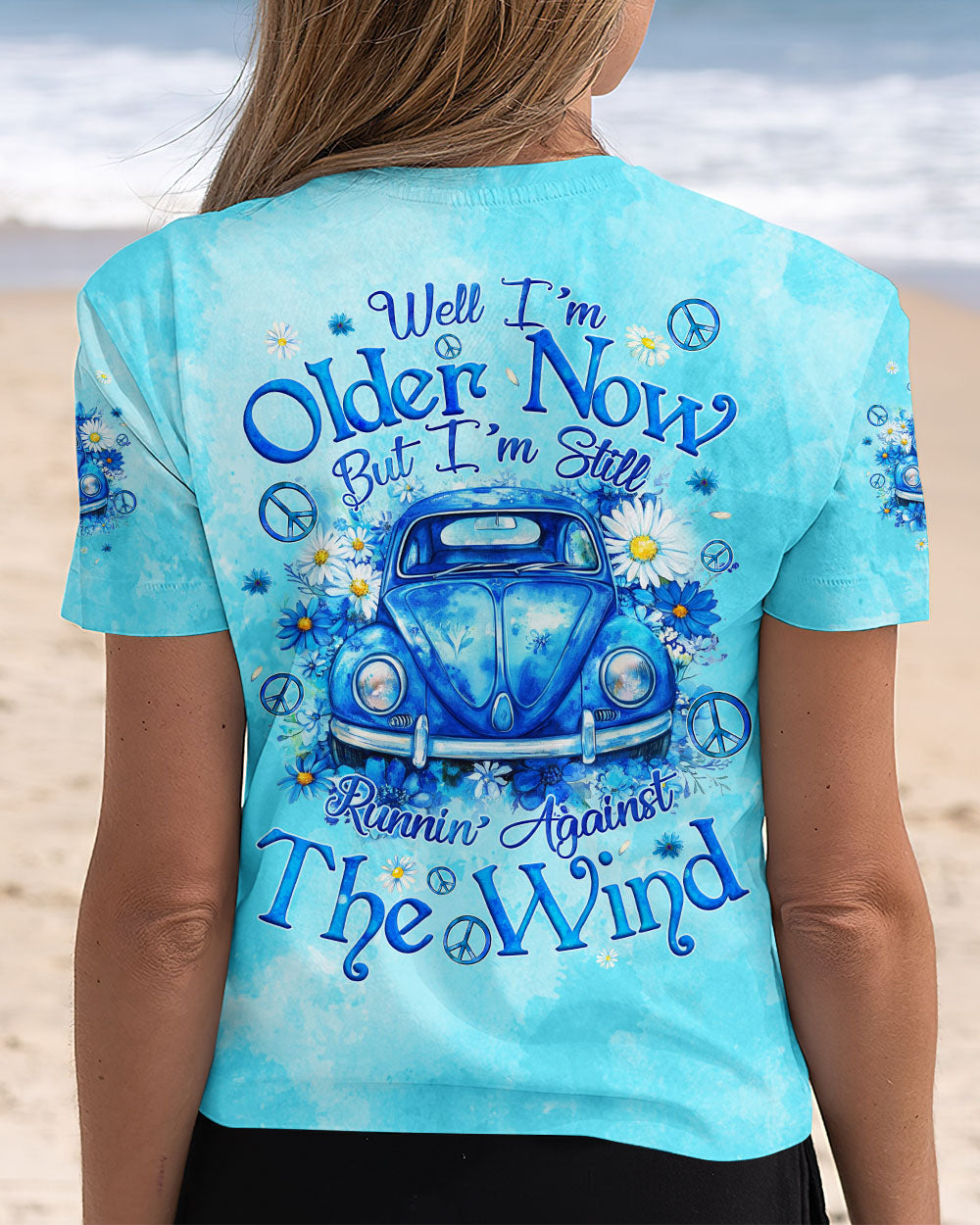 Older Now Still Running Against the Wind Blue VW Bug and Daisy Retro Hippie AOP Shirts _12_ FuUnZ