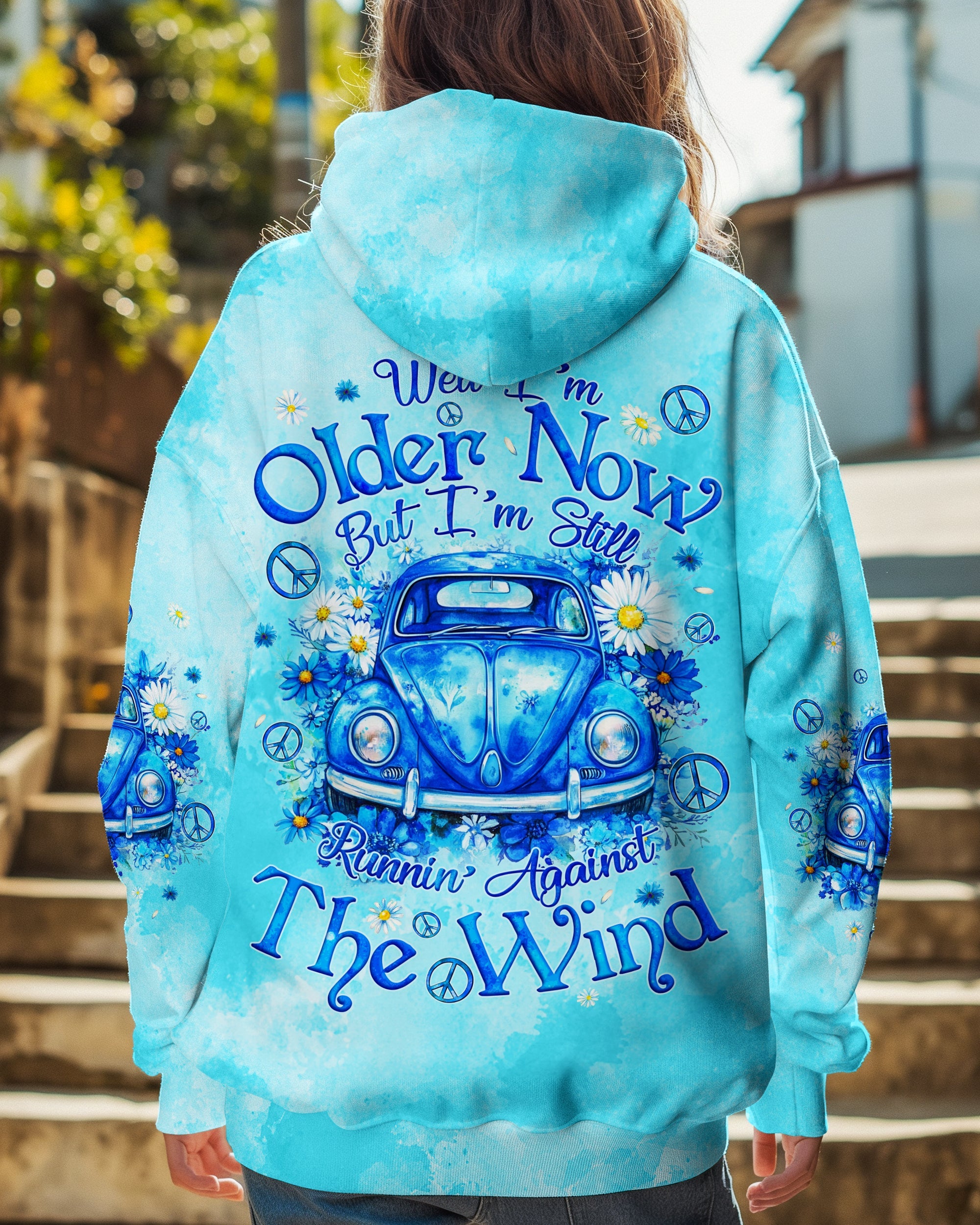 Older Now Still Running Against the Wind Blue VW Bug and Daisy Retro Hippie AOP Shirts _1_ BHhFw
