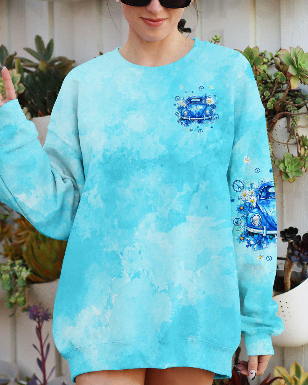 Older Now Still Running Against the Wind Blue VW Bug and Daisy Retro Hippie AOP Shirts _2_ C5o45