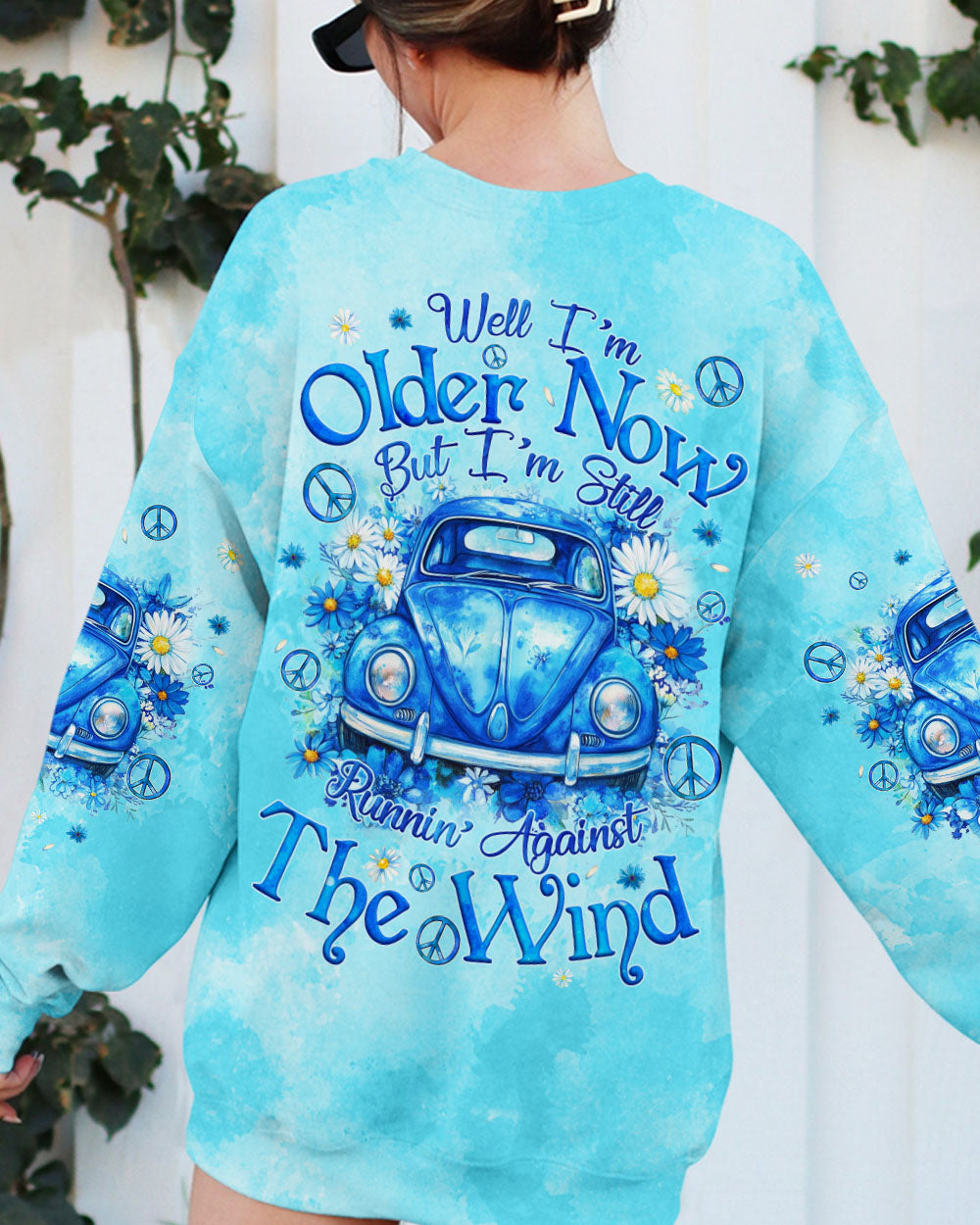 Older Now Still Running Against the Wind Blue VW Bug and Daisy Retro Hippie AOP Shirts _3_ hEWBb