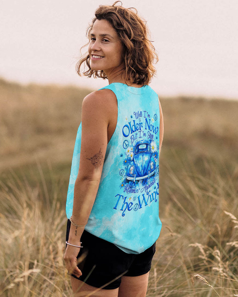 Older Now Still Running Against the Wind Blue VW Bug and Daisy Retro Hippie AOP Shirts _7_ Fttb8