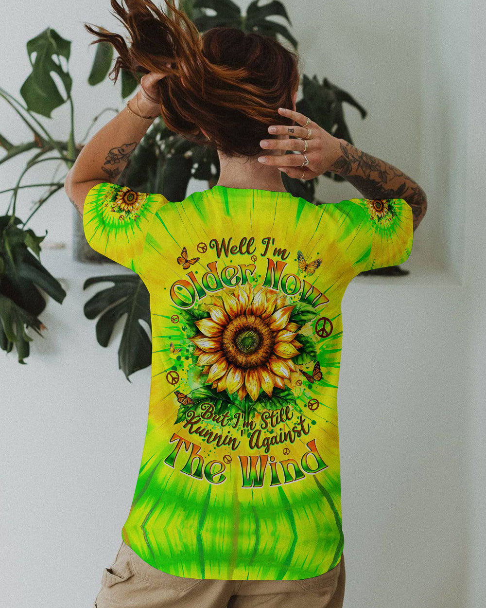 Older Now Still Running Against the Wind Sunflower Tie Dye Green AOP Shirts _1_ e7Khc