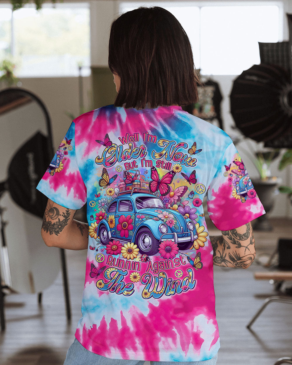 Older Now Still Running Against the Wind Tie Dye Hippie Flower Car AOP Shirts _1_ F3yAt
