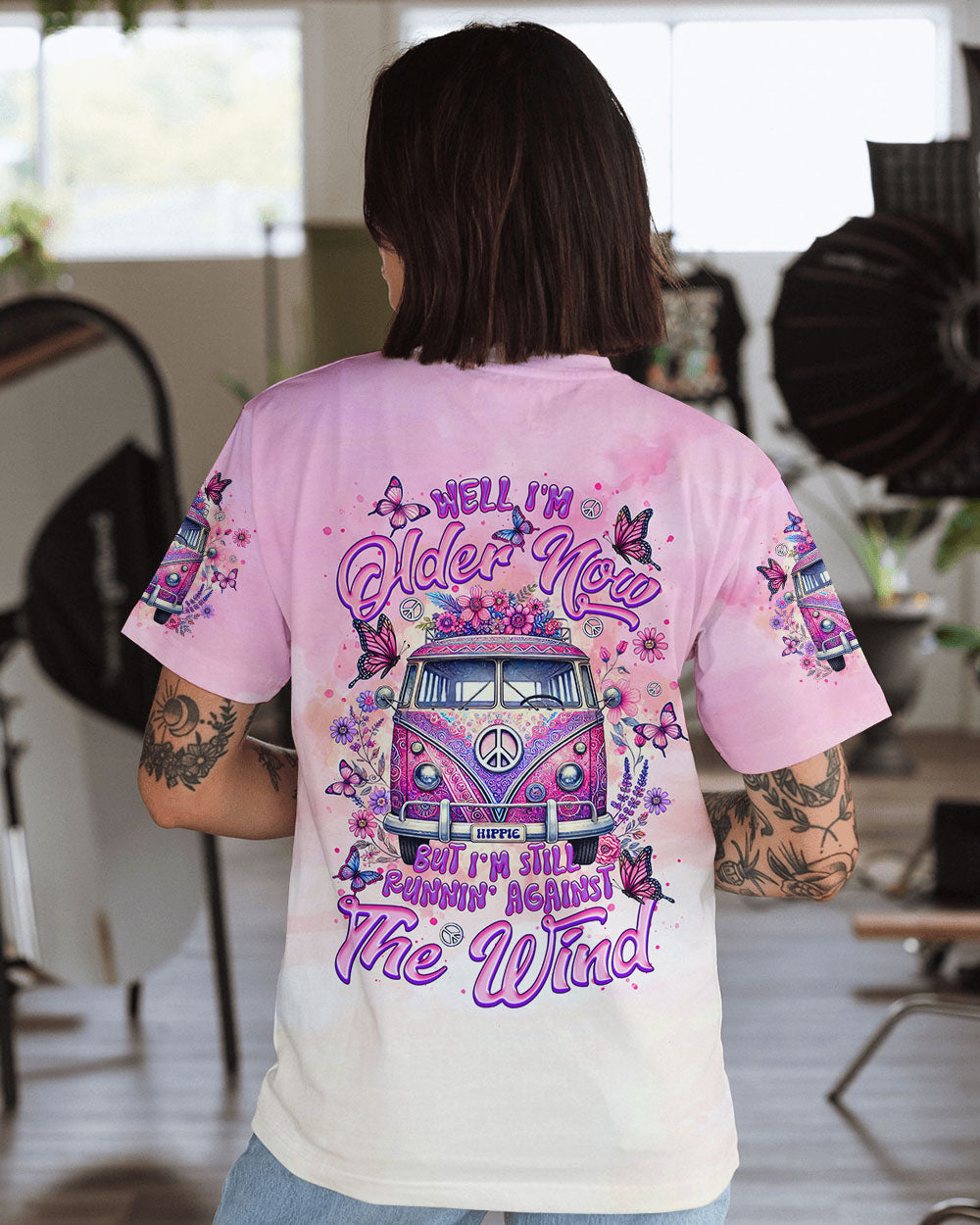 Older Now but I still Runnin Against the Wind Tie Dye Pink Vintage Hippie Van AOP Shirts _4_ O0T3x