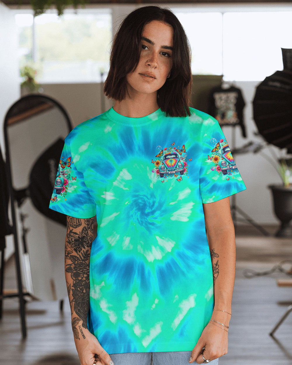 Older Now but I_E2_80_99m Still Runnin_E2_80_99 Against the Wind Tie Dye Peace Sign Hippie Car AOP Shirts _10_ CCMQ8