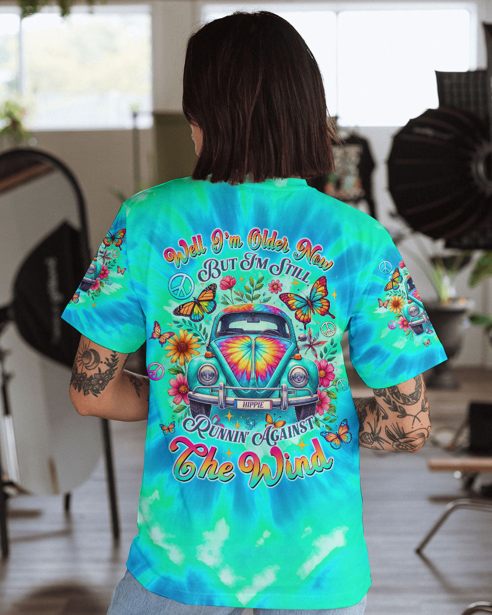Older Now but I_E2_80_99m Still Runnin_E2_80_99 Against the Wind Tie Dye Peace Sign Hippie Car AOP Shirts _11_ nb4Os