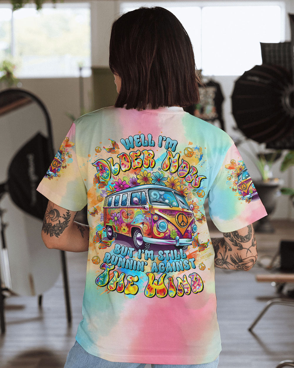 Older Now but Still Runnin Against the Wind Colorful Hippie Flower Power Van AOP Shirts _10_ 9sFpB