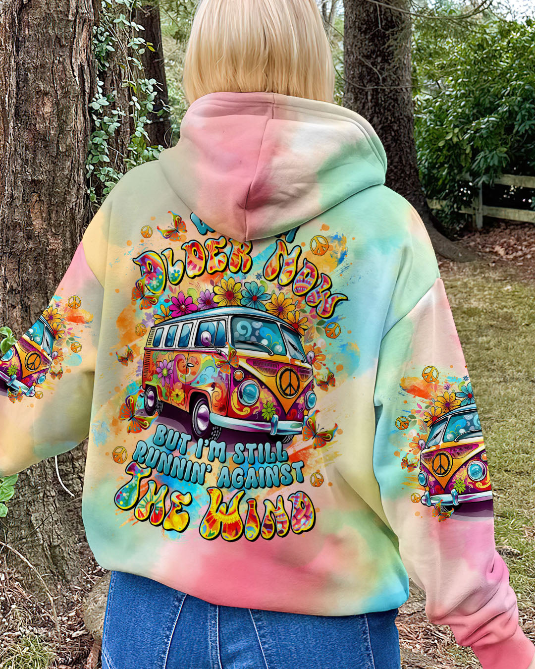 Older Now but Still Runnin Against the Wind Colorful Hippie Flower Power Van AOP Shirts _8_ QRPVa