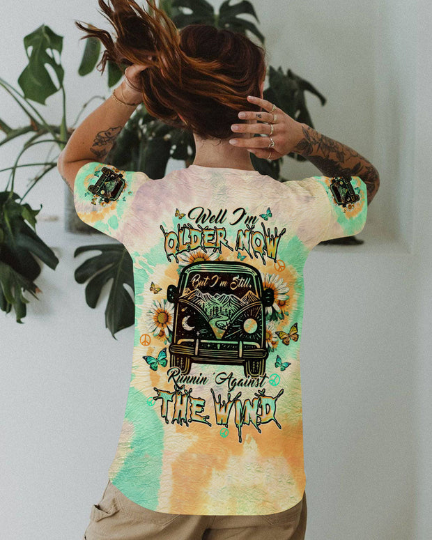 Older Now but Still Runnin Against the Wind - Hippie VW Van and Sunflower - AOP Shirts