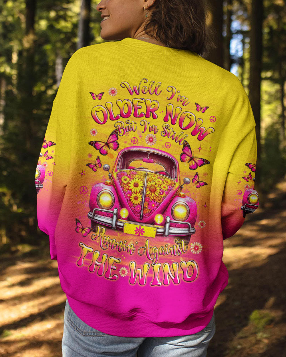Older Now but Still Runnin Against the Wind Pink VW Bug and Butterfly AOP Shirts _10_ eJseQ
