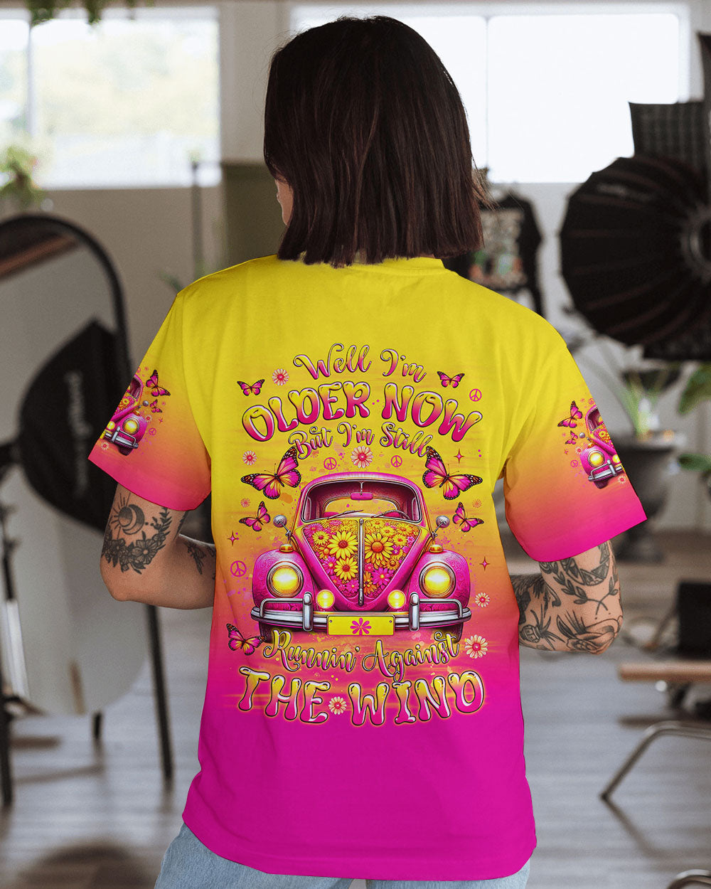 Older Now but Still Runnin Against the Wind Pink VW Bug and Butterfly AOP Shirts _1_ IbxeE