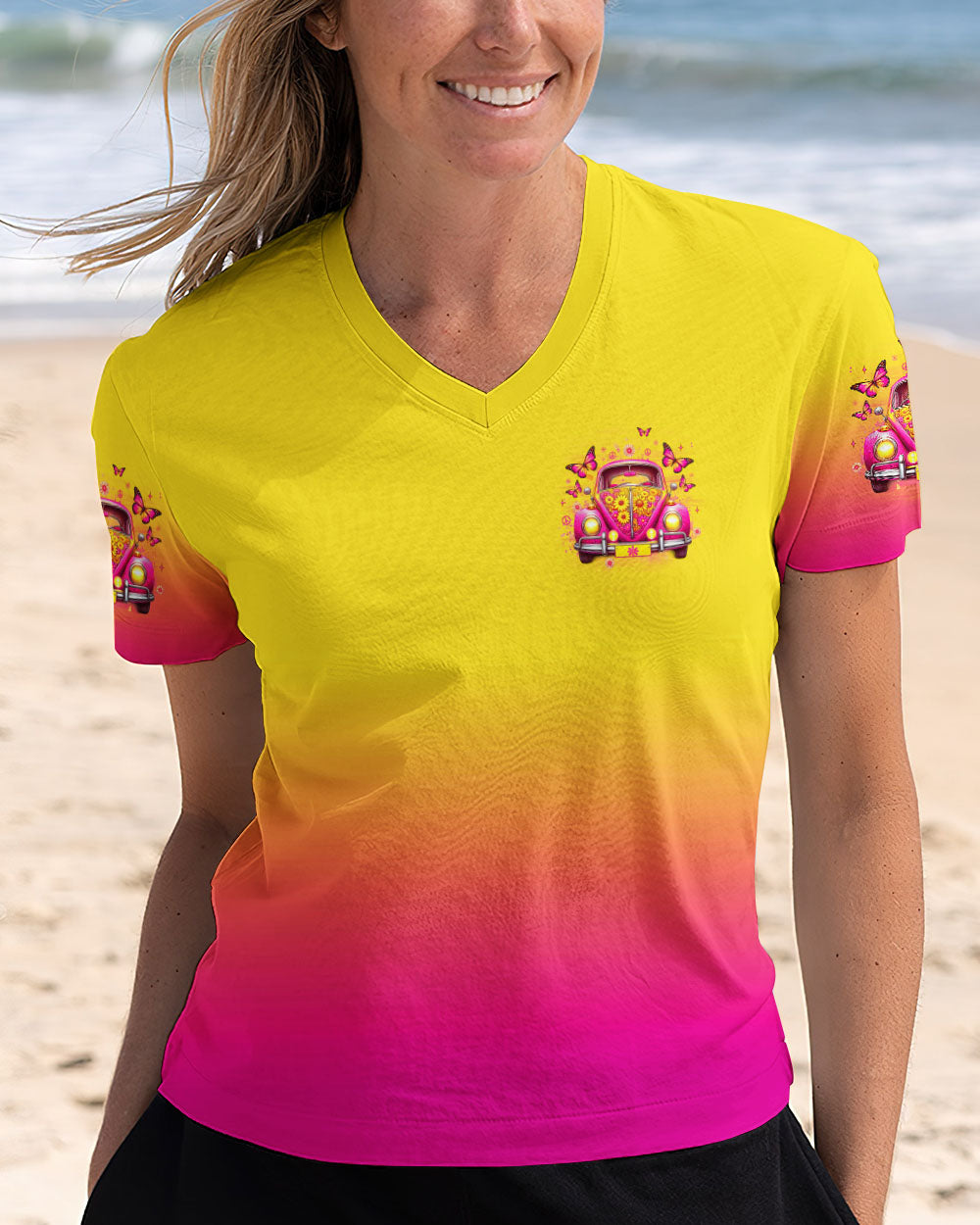 Older Now but Still Runnin Against the Wind Pink VW Bug and Butterfly AOP Shirts _5_ RjJPA