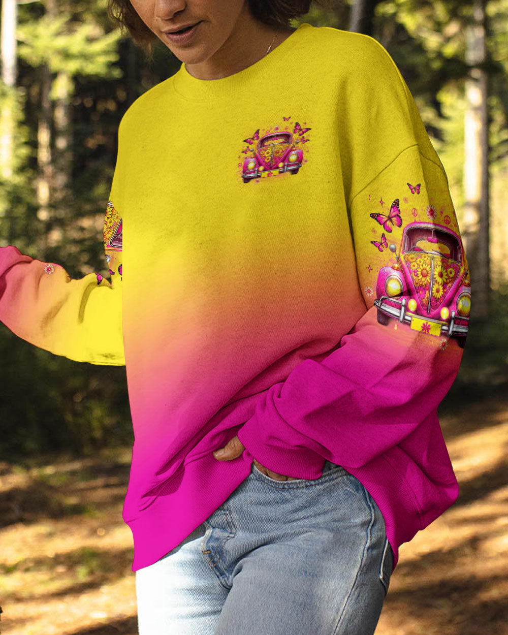 Older Now but Still Runnin Against the Wind Pink VW Bug and Butterfly AOP Shirts _9_ hA3Bl