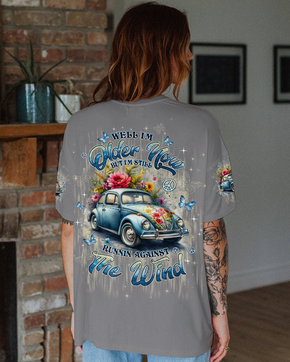 Older Now but Still Runnin Against the Wind Vintage Floral Peace Car AOP Shirts _11_ fQCrl