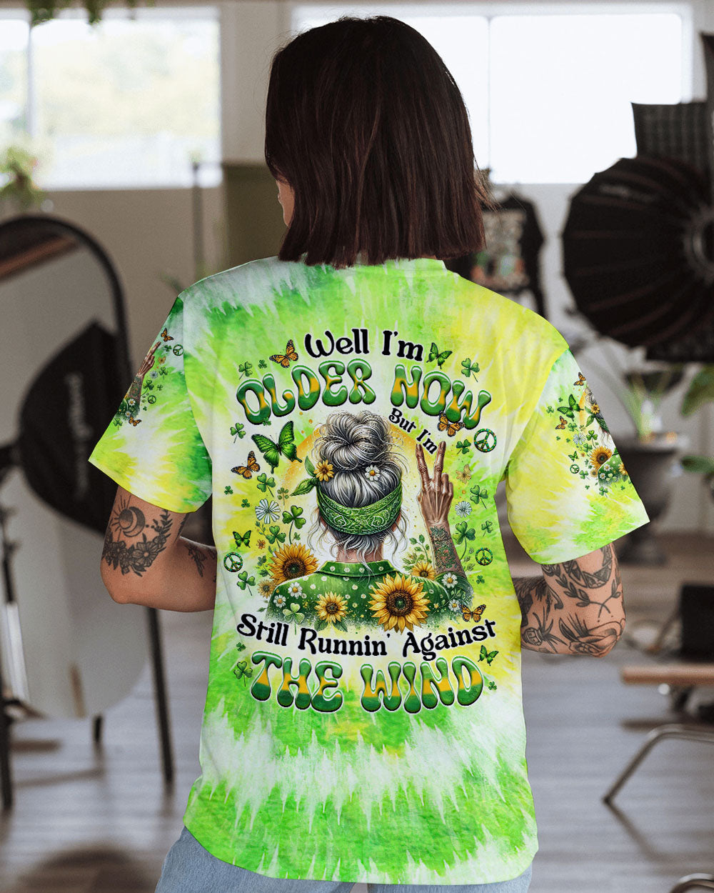 Older Now but Still Running Against the Wind Green Tie Dye Hippie Grandma AOP Shirts _1_ Njngq