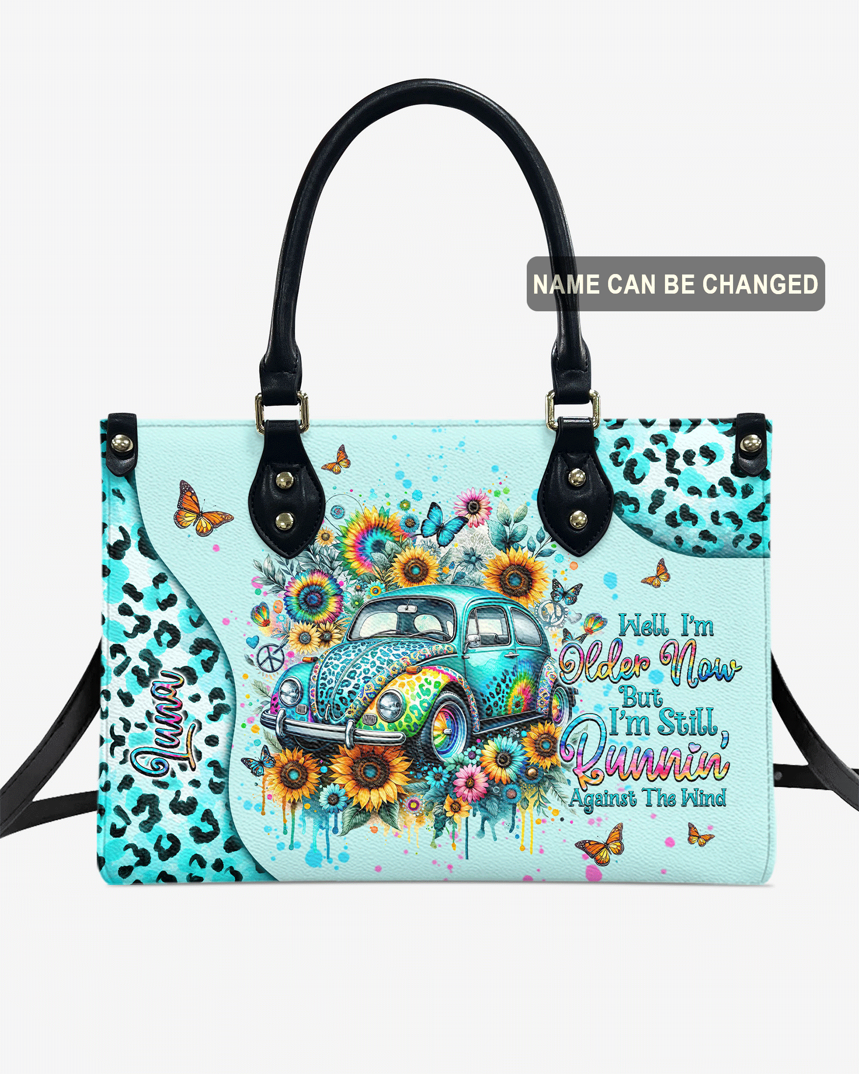 Older Now but Still Running Against the Wind VW Bug Sunflower Leopard Leather Bag _8_ YS3UQ