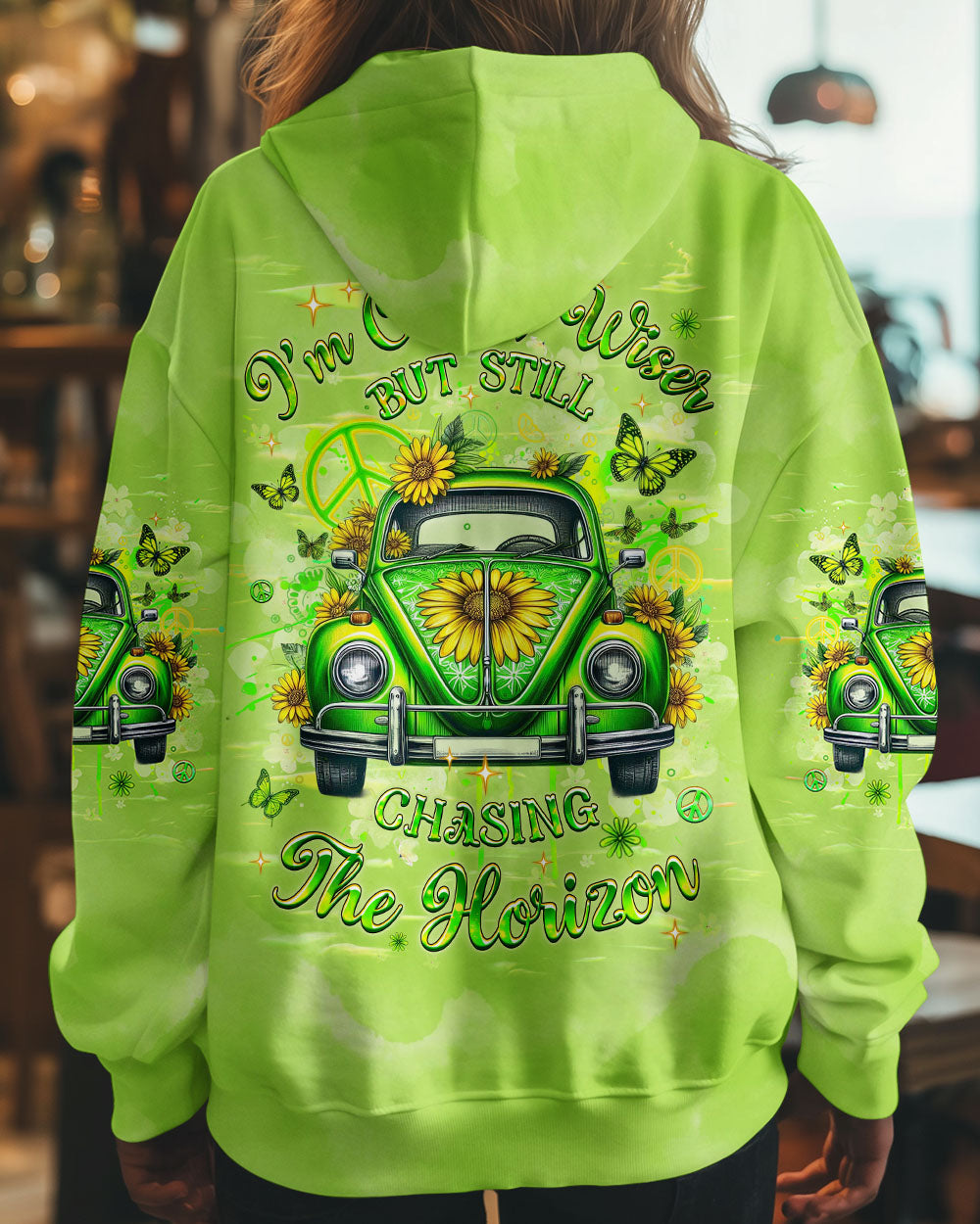 Older Wiser Still Chasing the Horizon Green Sunflower Peace Sign Car AOP Shirts _10_ 48YiU