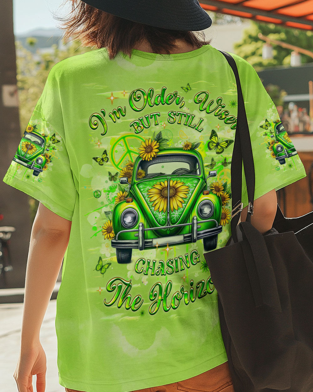 Older Wiser Still Chasing the Horizon Green Sunflower Peace Sign Car AOP Shirts _1_ xZtYH