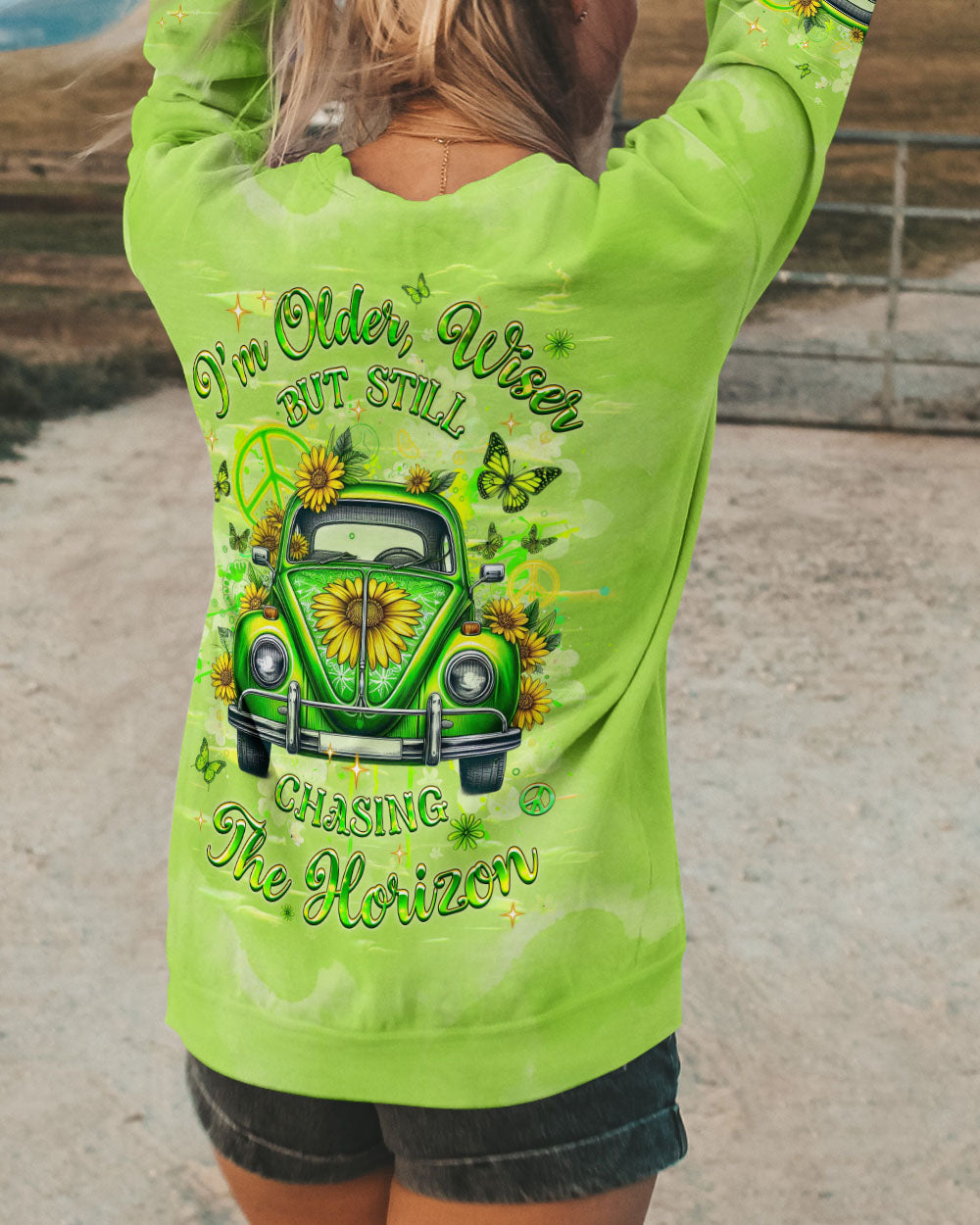 Older Wiser Still Chasing the Horizon Green Sunflower Peace Sign Car AOP Shirts _5_ TYCXr