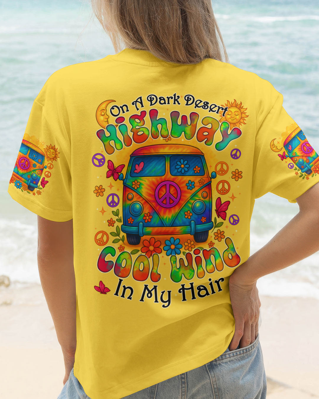On a Dark Desert Highway Cool Wind in My Hair Hippie Peace Van Retro Tee for Women AOP Shirts _1_ jHDFJ
