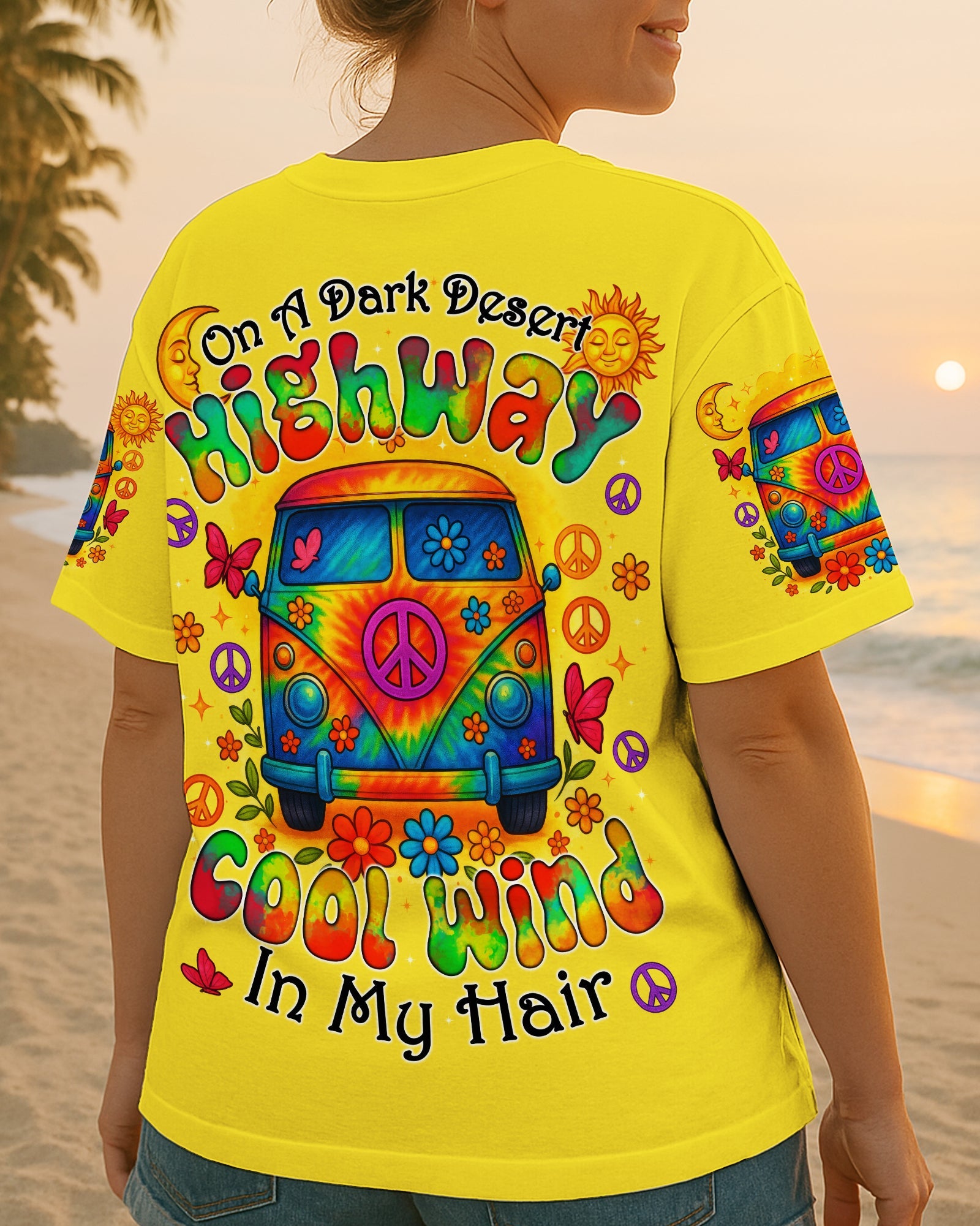On a Dark Desert Highway Cool Wind in My Hair Hippie Peace Van Retro Tee for Women AOP Shirts _3_ pg90f