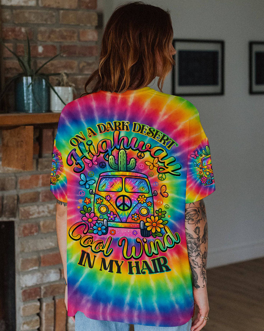 On a Dark Desert Highway Cool Wind in My Hair Tie Dye Hippie Van AOP Shirts _10_ eFenF