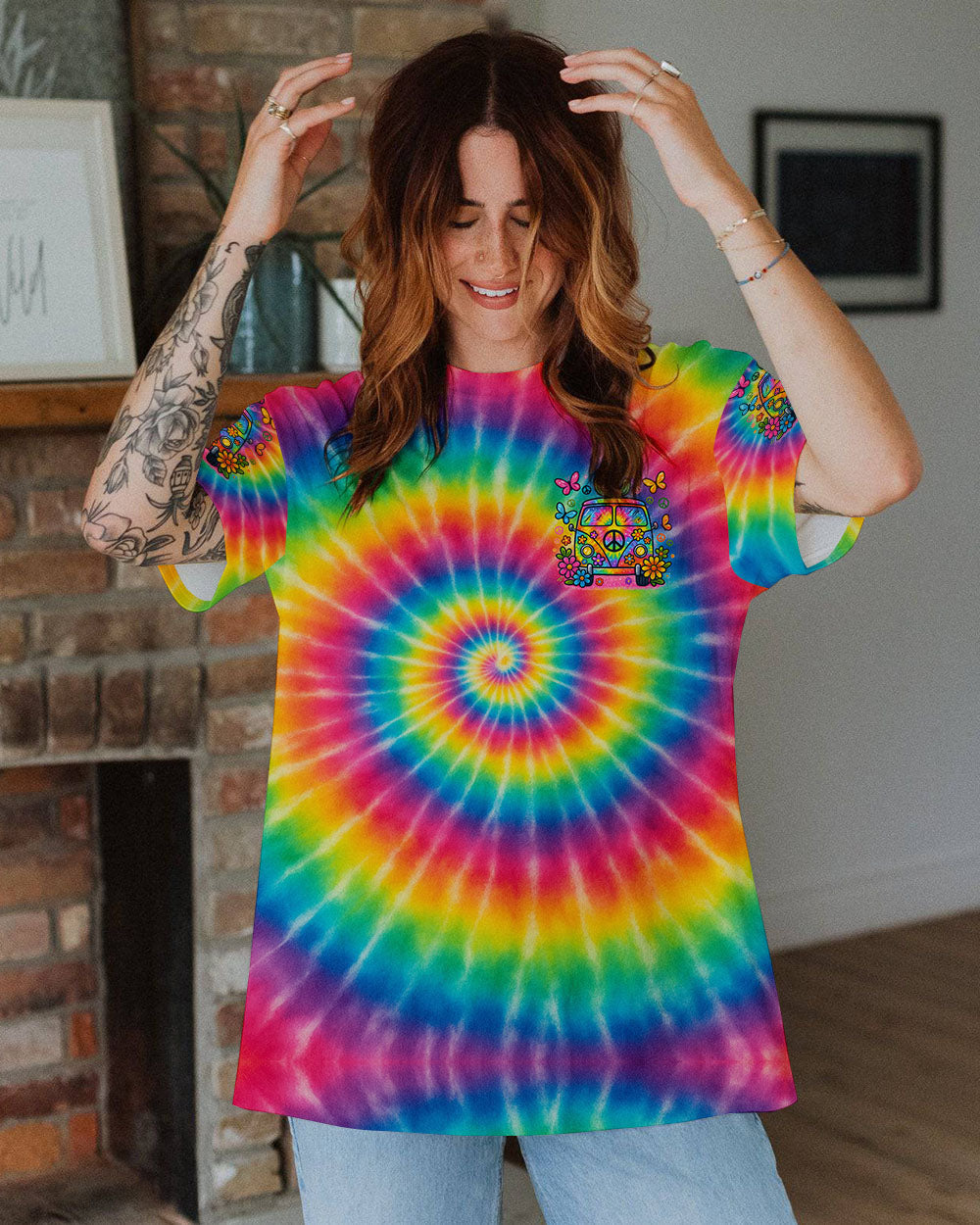 On a Dark Desert Highway Cool Wind in My Hair Tie Dye Hippie Van AOP Shirts _12_ q3QZU