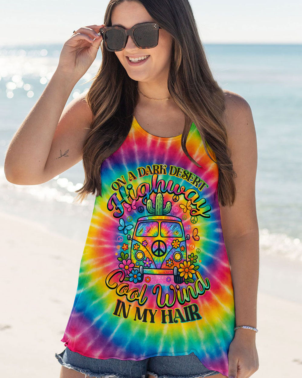 On a Dark Desert Highway Cool Wind in My Hair Tie Dye Hippie Van AOP Shirts _7_ MJKRp