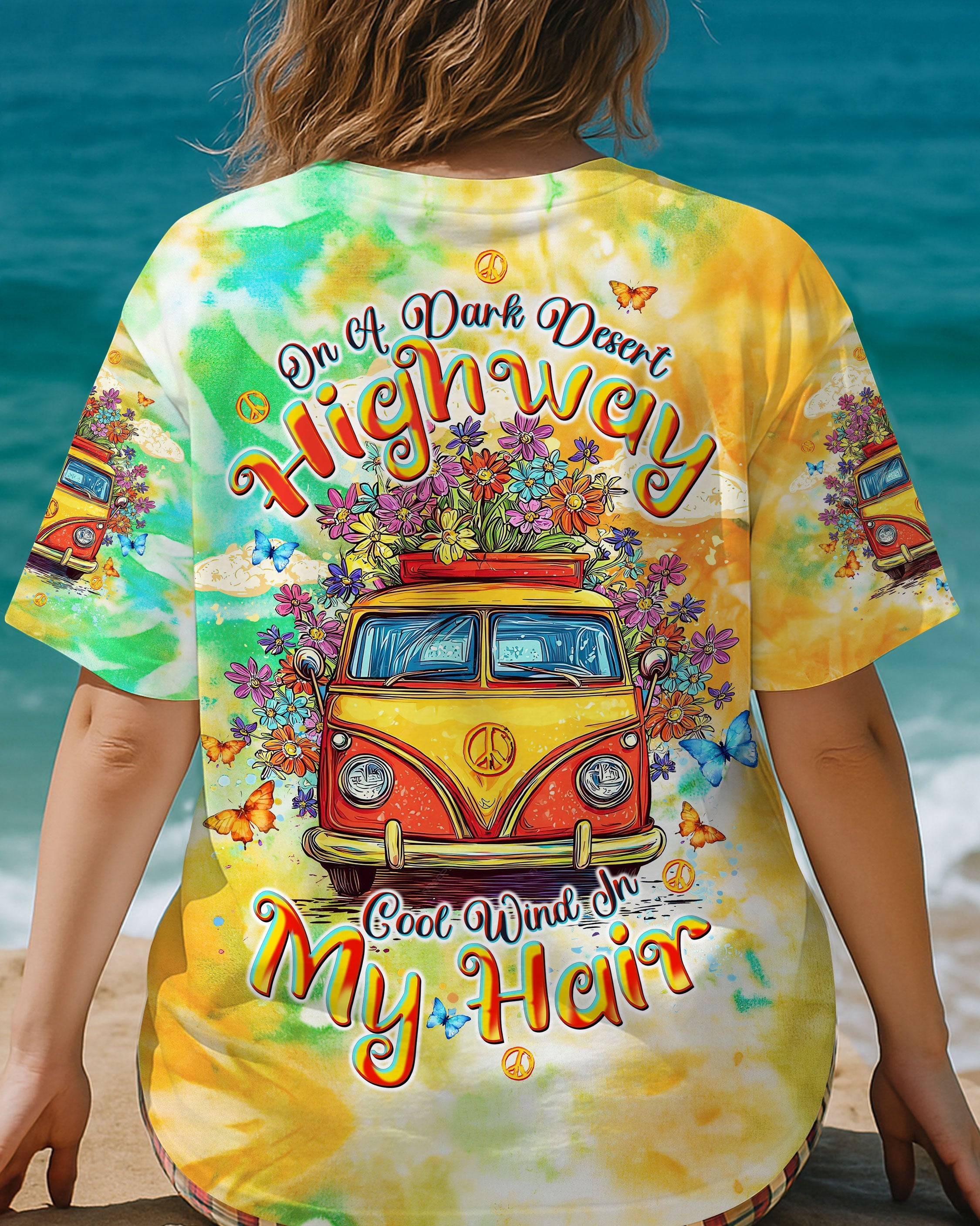 On a Dark Desert Highway Cool Wind in My Hair Tie Dye Retro Hippie Van AOP Shirts _3_ q07kn