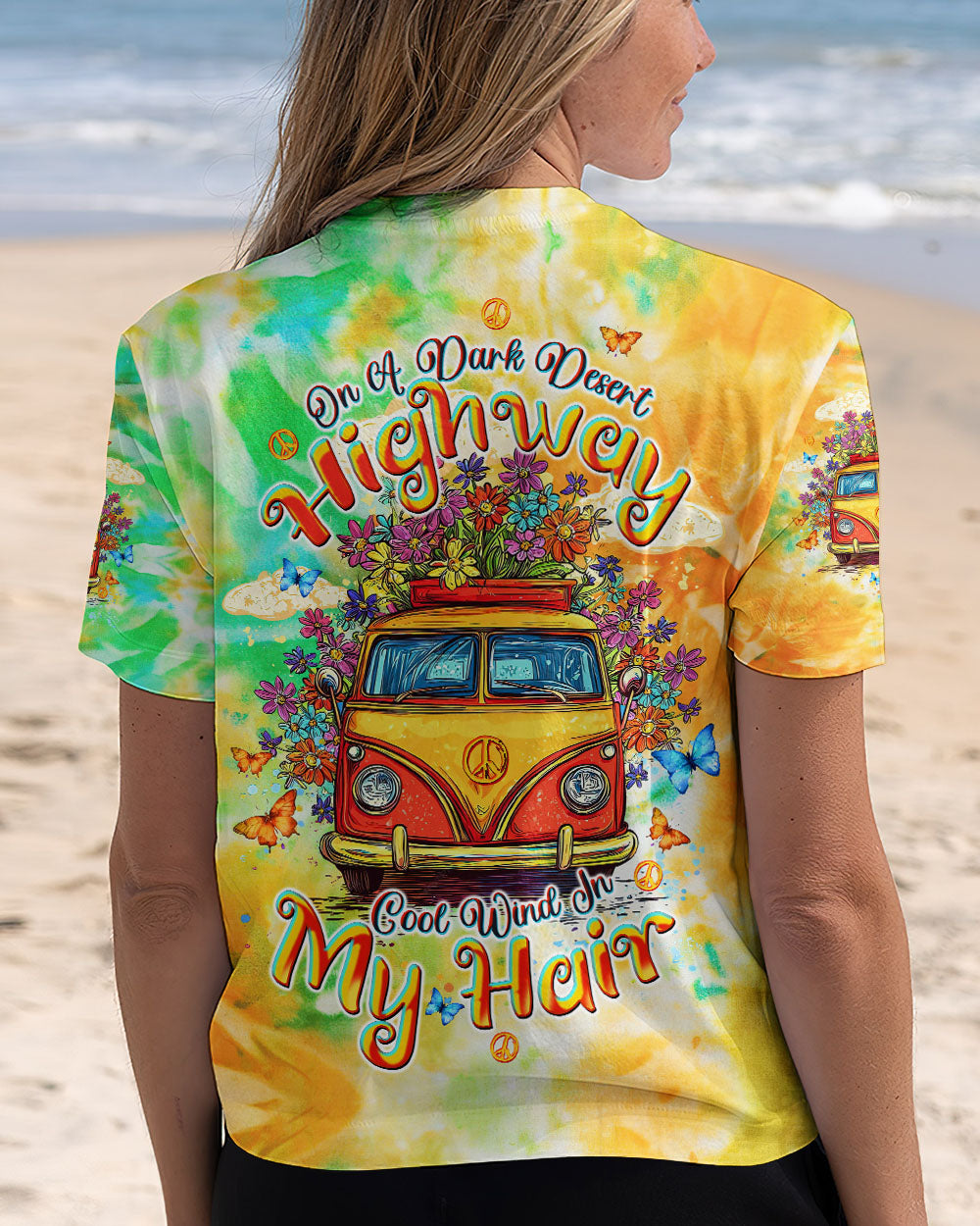 On a Dark Desert Highway Cool Wind in My Hair Tie Dye Retro Hippie Van AOP Shirts _5_ QRKXH