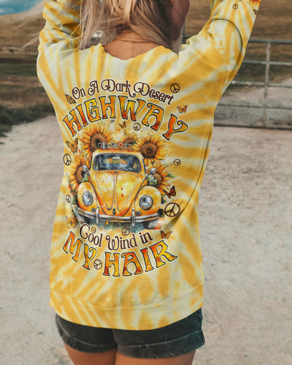 On a Desert Highway Cool Wind in My Hair VW Beetle Yellow Tie Dye AOP Shirts _3_ cAmIo
