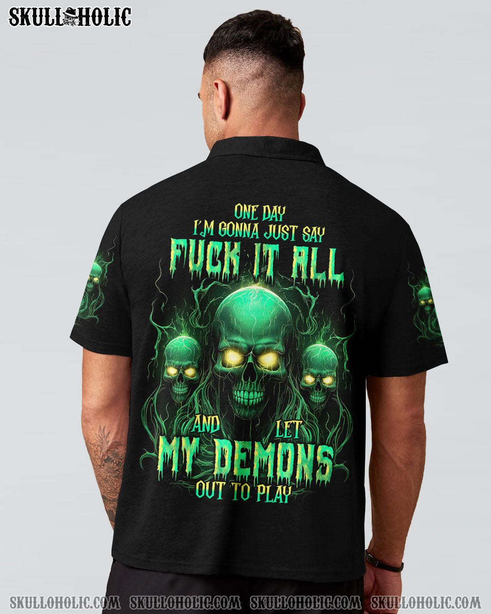 One Day I_E2_80_99m Gonna Just Say F It All and Let My Demons Out to Play Green Skull Graphic Tee AOP Shirts _1_ jgaa5