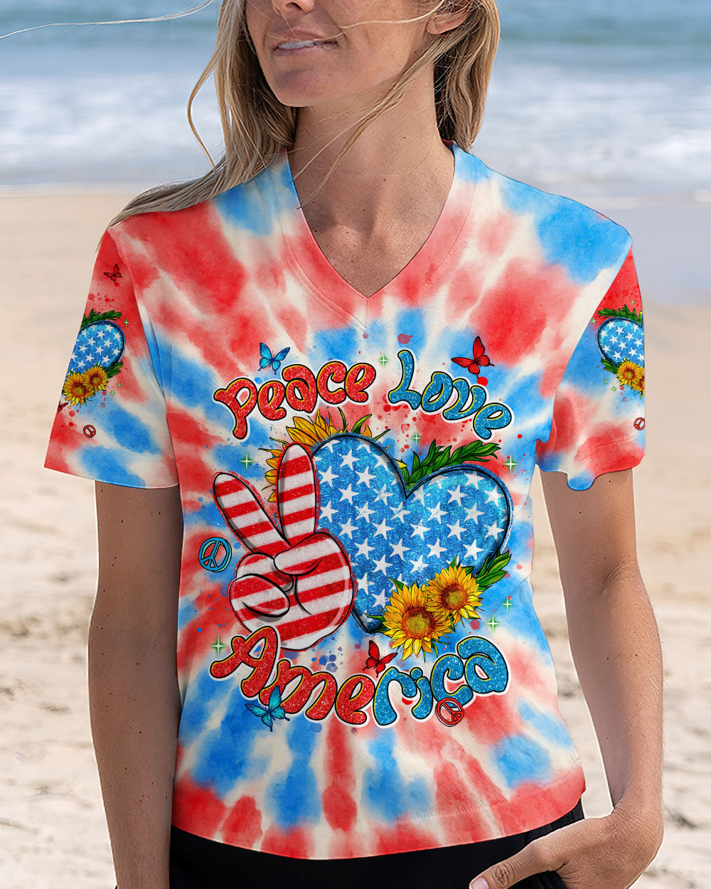 Peace Love America Patriotic Tie Dye Graphic 4th of July Tee for Women AOP Shirts _2_ 9akVy