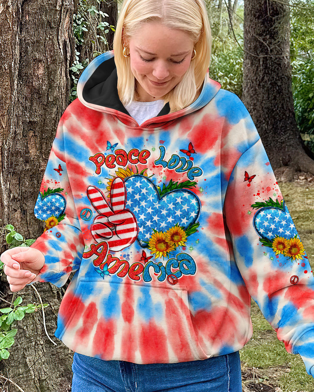 Peace Love America Patriotic Tie Dye Graphic 4th of July Tee for Women AOP Shirts _3_ wwMOm