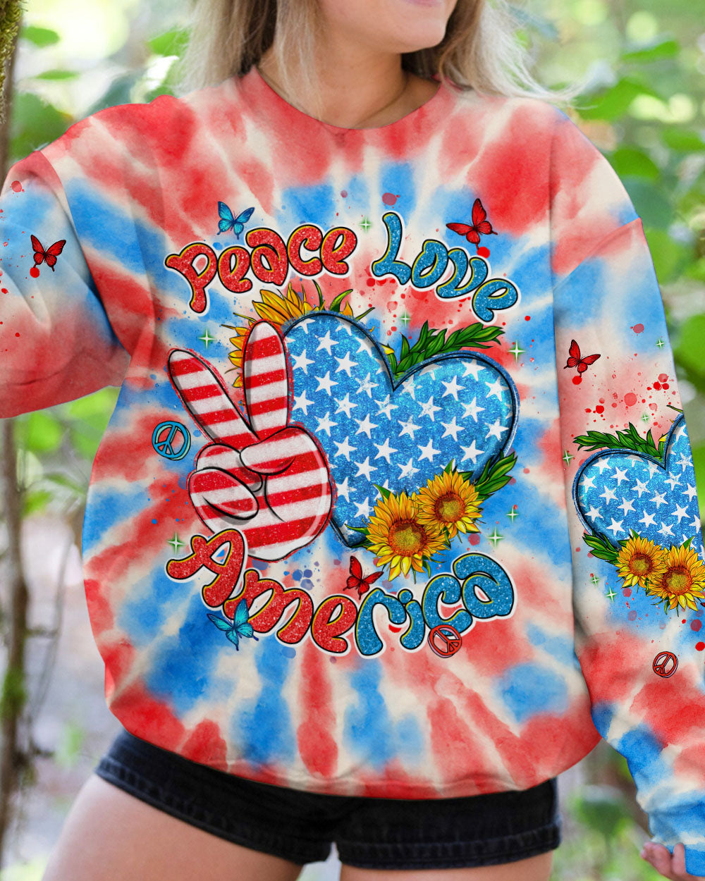 Peace Love America Patriotic Tie Dye Graphic 4th of July Tee for Women AOP Shirts _4_ dQOfx