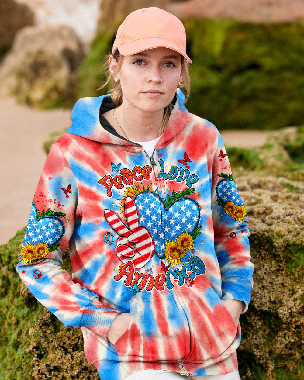 Peace Love America Patriotic Tie Dye Graphic 4th of July Tee for Women AOP Shirts _5_ vJx98