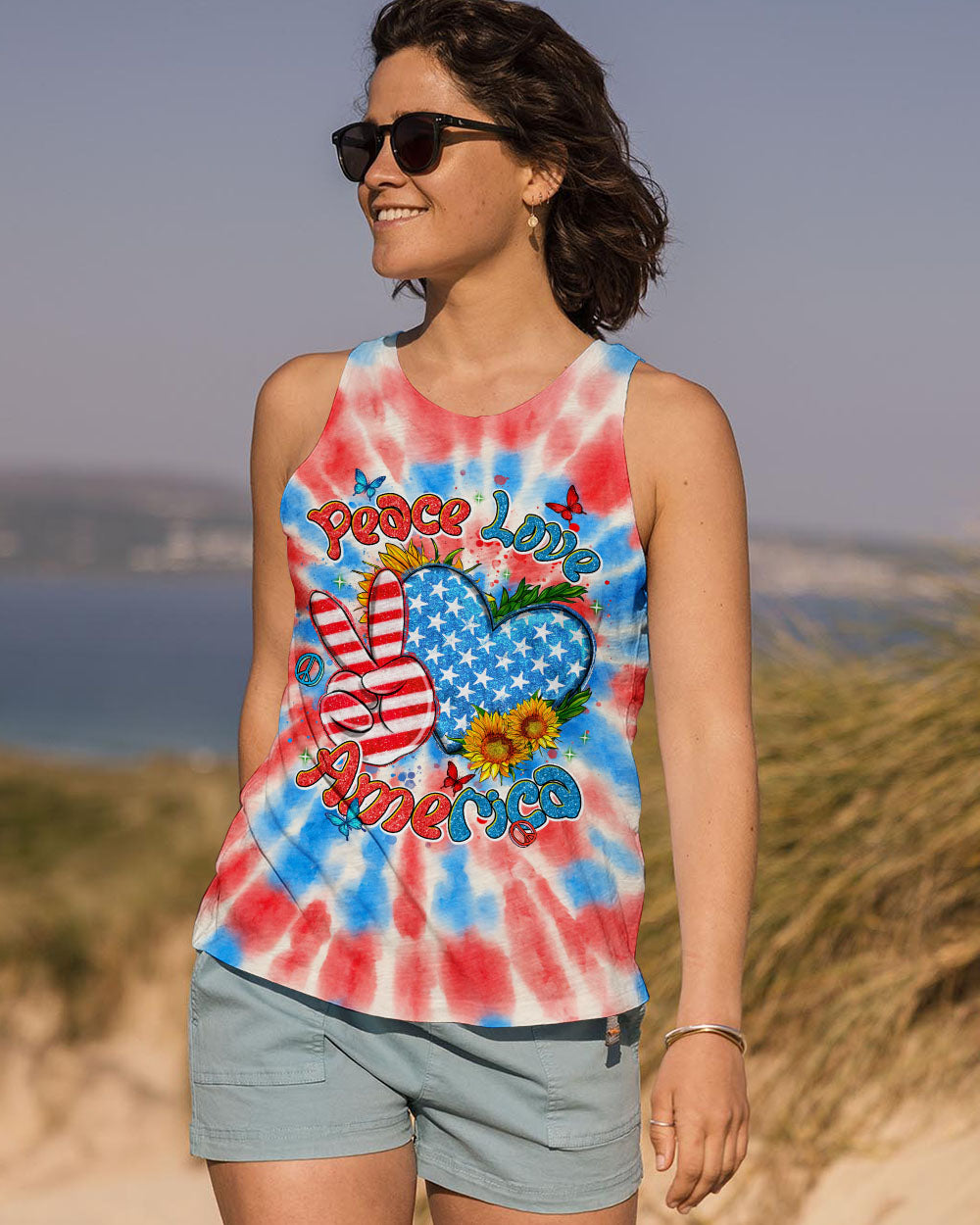 Peace Love America Patriotic Tie Dye Graphic 4th of July Tee for Women AOP Shirts _7_ NpHLt