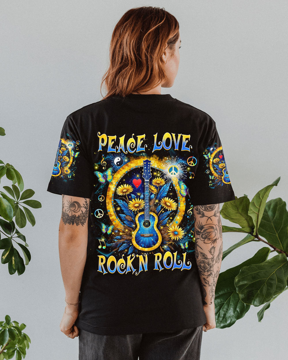 Peace Love Rock _E2_80_98N Roll Guitar and Sunflower Floral Music Graphic Tee AOP Shirts _11_ Hl0Bt